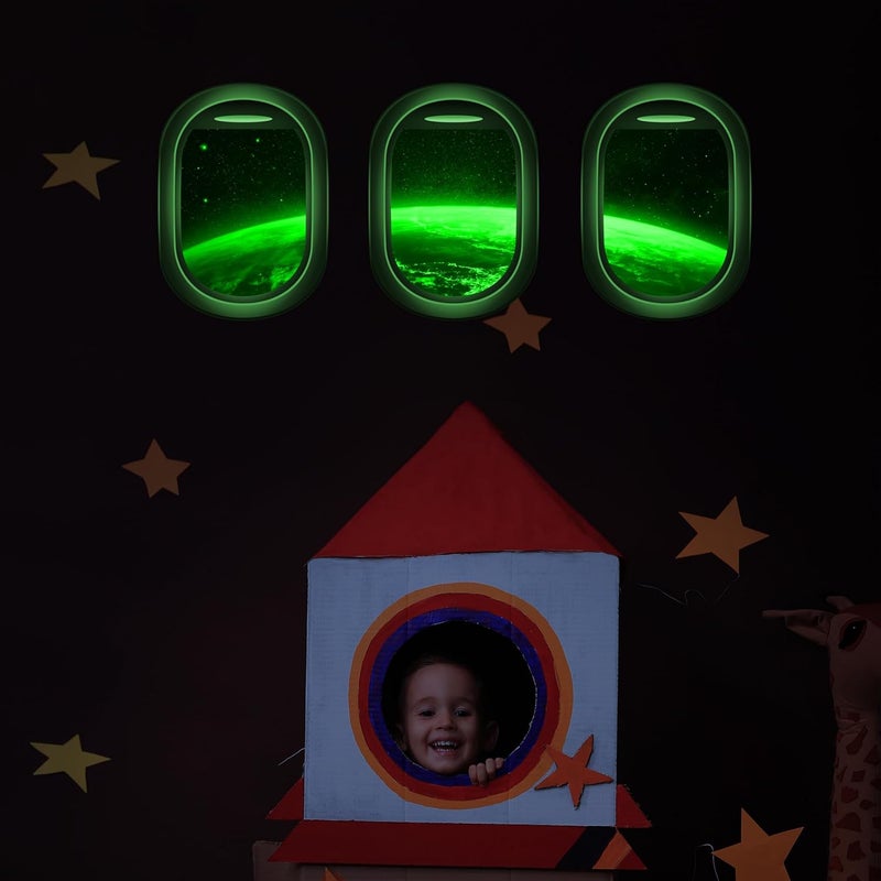 Robmoda Glow in The Dark 3D Space Wall Decals, Set of 3 Galaxy Window Stickers for Wall, Space Themed Room Decor for Kids Boys (Green) - Image 2